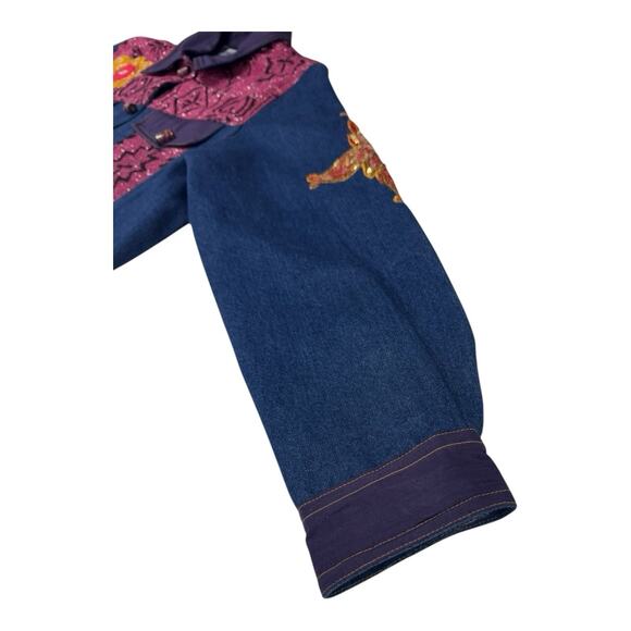 Indigo Moon Denim Chambray Medium Coat Pink Aztec Accent Purple Trim Embellish - Picture 10 of 13